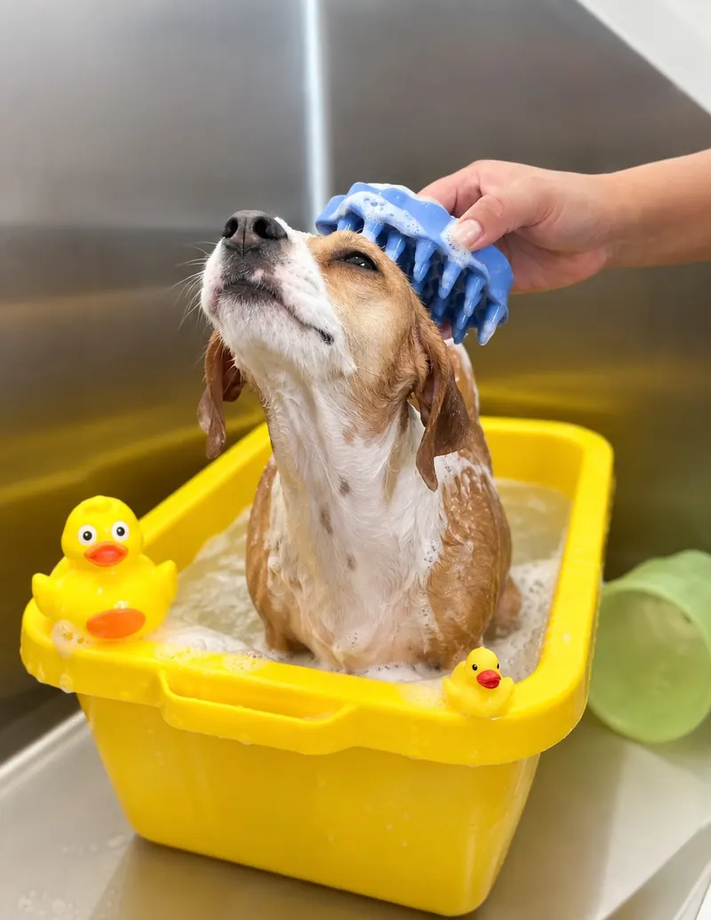 Perrito disfrutando su baño en tina con espuma y patitos de hule