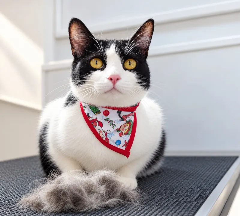 Gato blanco y negro con paliacate junto al pelo retirado durante su cepillado