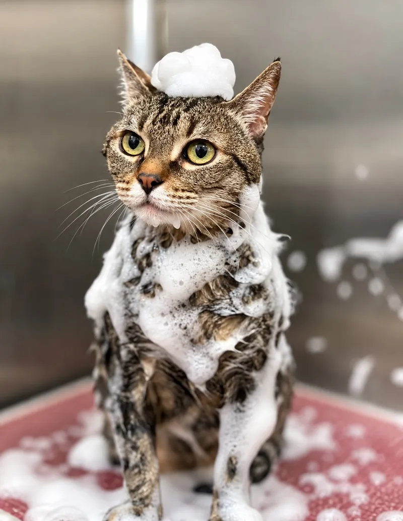 Gato atigrado durante su baño, cubierto de espuma y con un copo de espuma sobre la cabeza