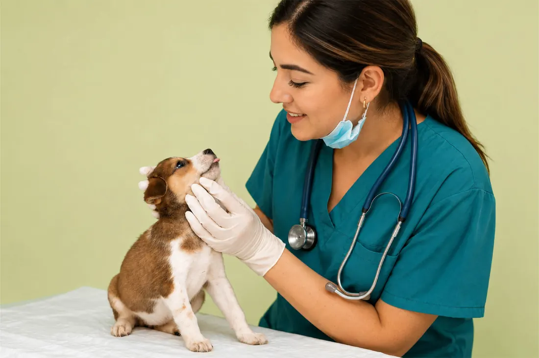 Médica veterinaria revisando con cuidado a un cachorro sobre la mesa de consulta